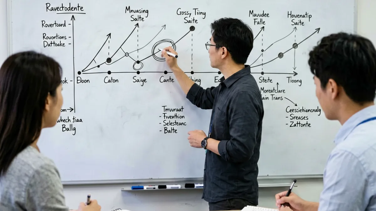 天美传媒脚本节拍分析示意图，展示编剧团队在白板上标注每集情绪节奏节点的工作场景