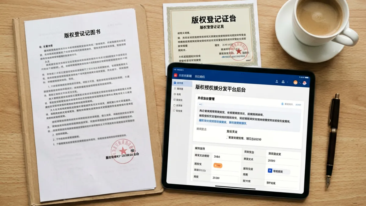 天美传媒内容版权资产管理示意图，体现系列作品版权架构与授权分发逻辑