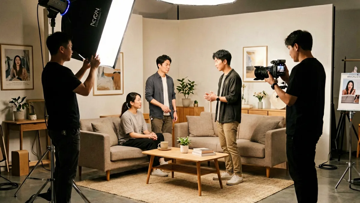 天美传媒系列剧集场景拍摄现场图，演员与摄影团队协作完成一个室内情感场景