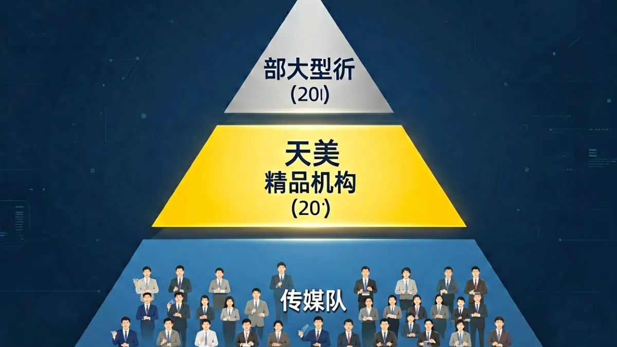 天美传媒在国内中文内容制作行业中的梯队位置示意图，标注品牌规模与竞争格局