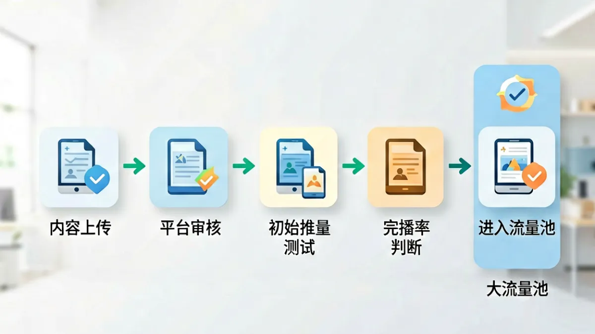 天美传媒 - 短剧内容平台分发流程示意图，展示从上传审核到算法推流的各个环节节点