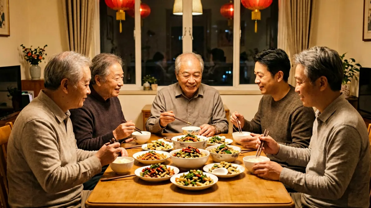 天美传媒家庭伦理剧中三代人围坐餐桌吃年夜饭的温情画面
