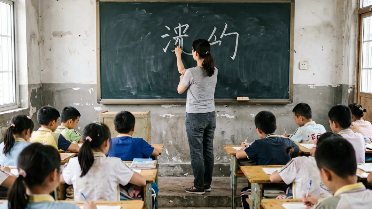 天美传媒纪录片镜头下西南山区小学教师在黑板上板书的真实场景